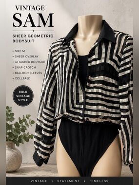 SAM Vintage Sheer Blouse Geometric Stripe Bodysuit Black White Snap Front Size M